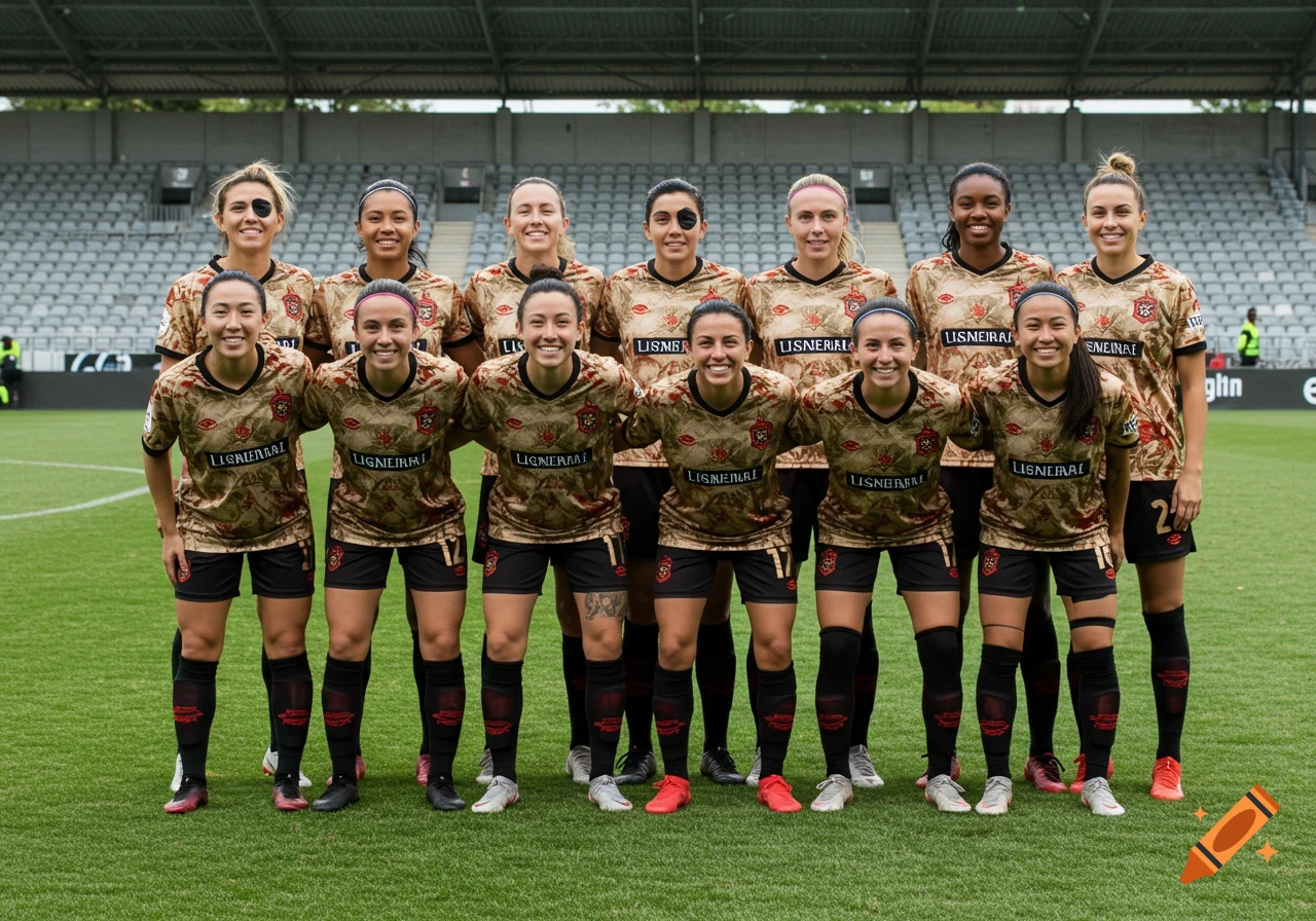 A women's soccer team poses for a photo on a field in pirate-themed uniforms.