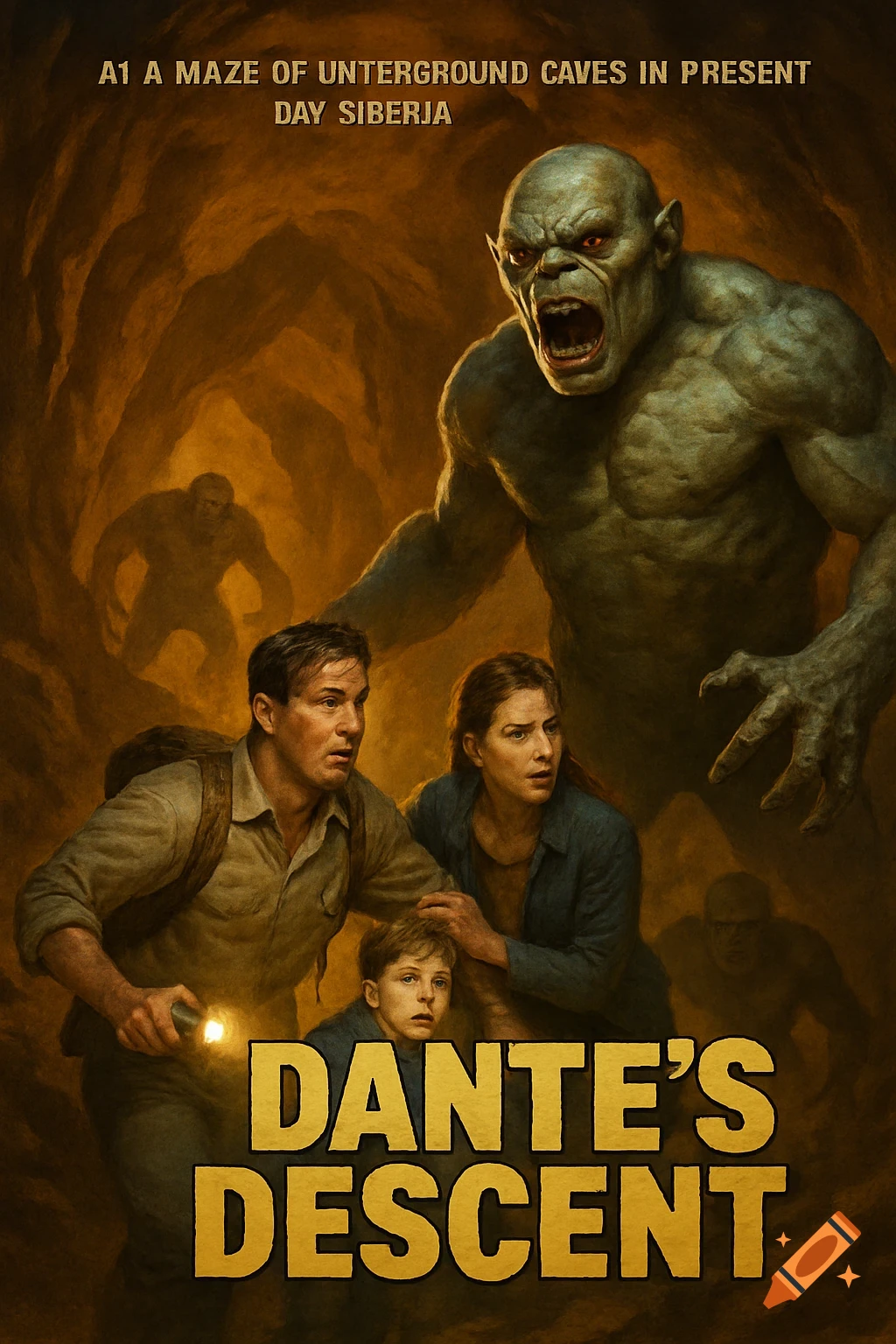 Movie poster of a family in a cave facing giant monsters, with the title DANTE'S DESCENT.