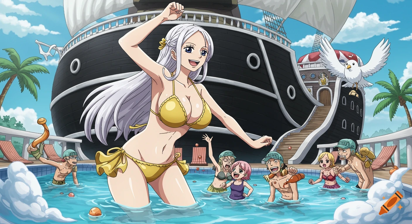Anime woman in gold bikini in a pool with Marines and large ship