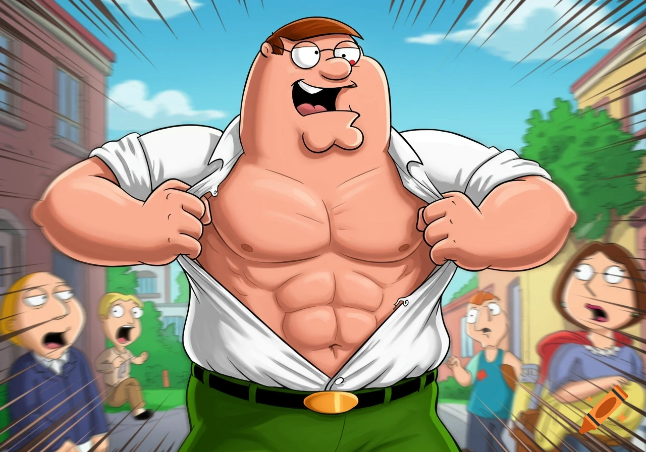 Peter Griffin rips open his shirt revealing a muscular chest, with other characters reacting in a cartoon style.