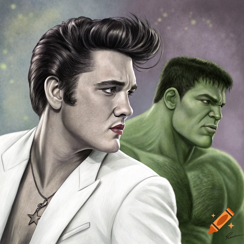 Digital painting of Elvis Presley looking over his shoulder with the Hulk standing behind him.