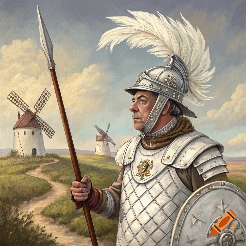 A man resembling Nigel Farage in historical armor holding a spear and shield, standing near windmills in a painted landscape.