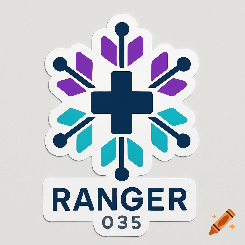 Sticker logo for Ranger 035 with a stylized medical cross and snowflake design in blue, purple, and teal.
