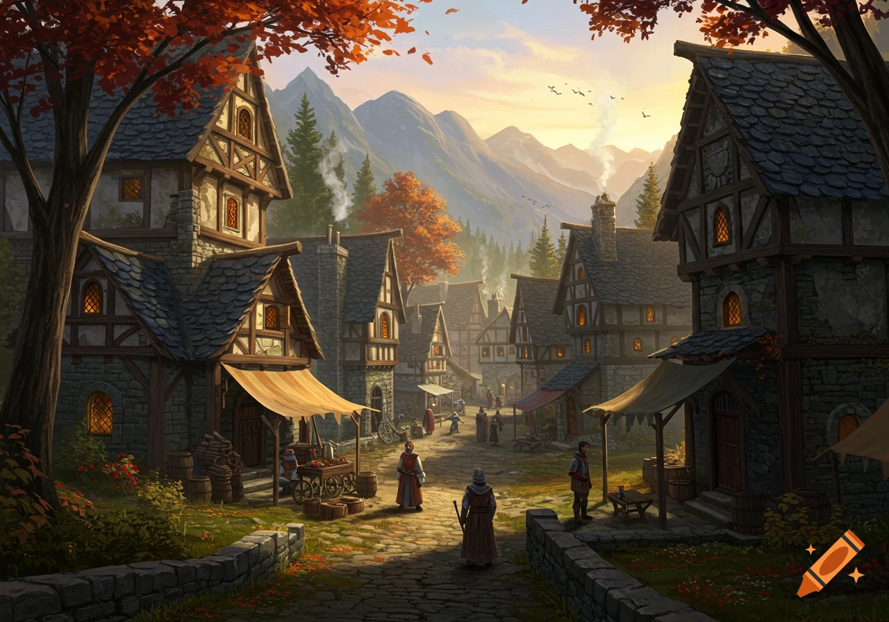 A detailed illustration of a medieval fantasy village nestled among mountains at sunset during autumn.