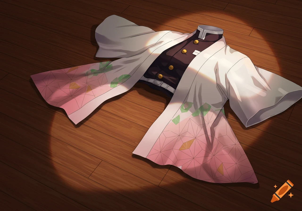 Anime uniform with pink geometric pattern on a wooden floor