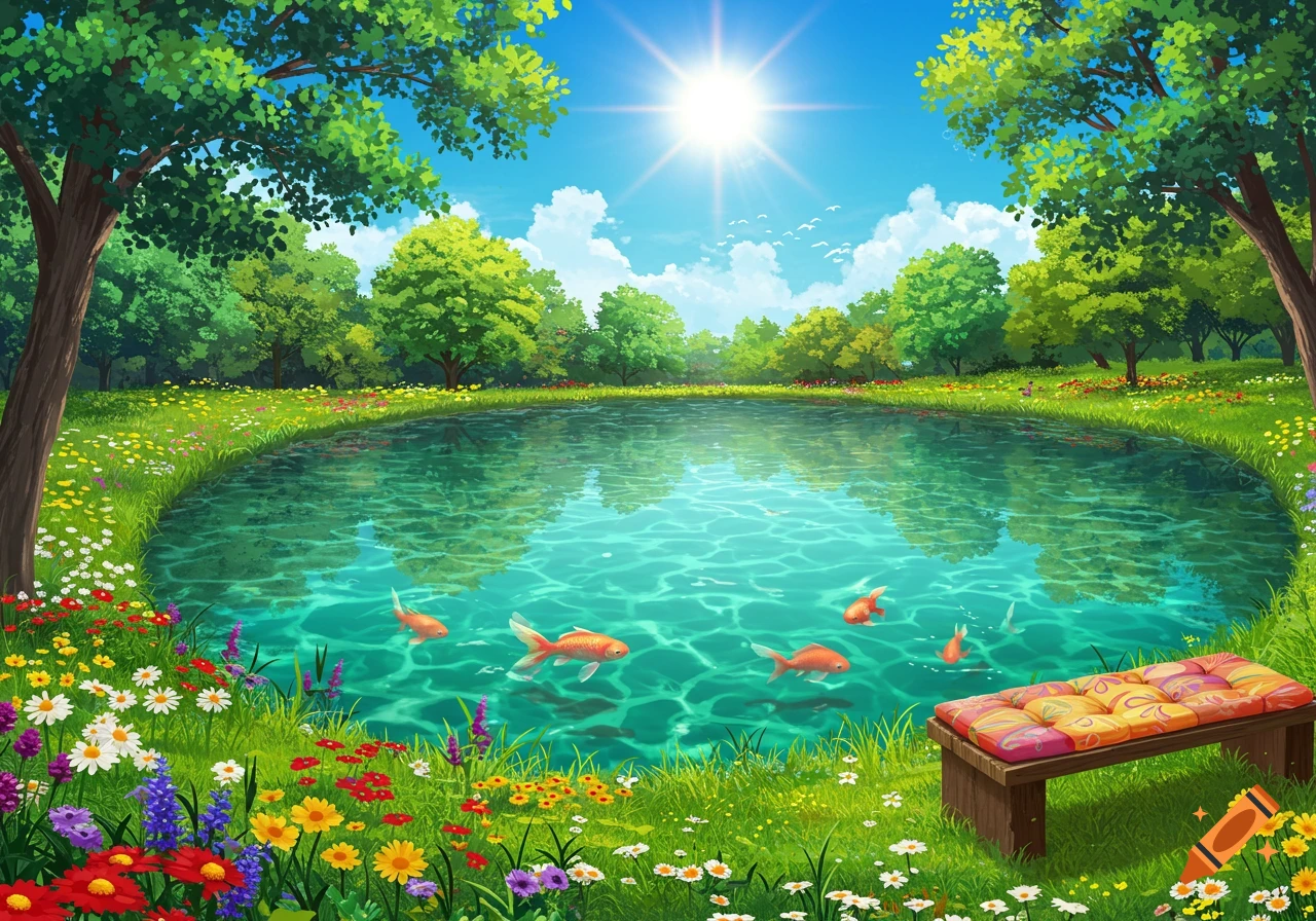 Bright, sunny landscape illustration of a pond with goldfish, colorful flowers, trees, and a bench.