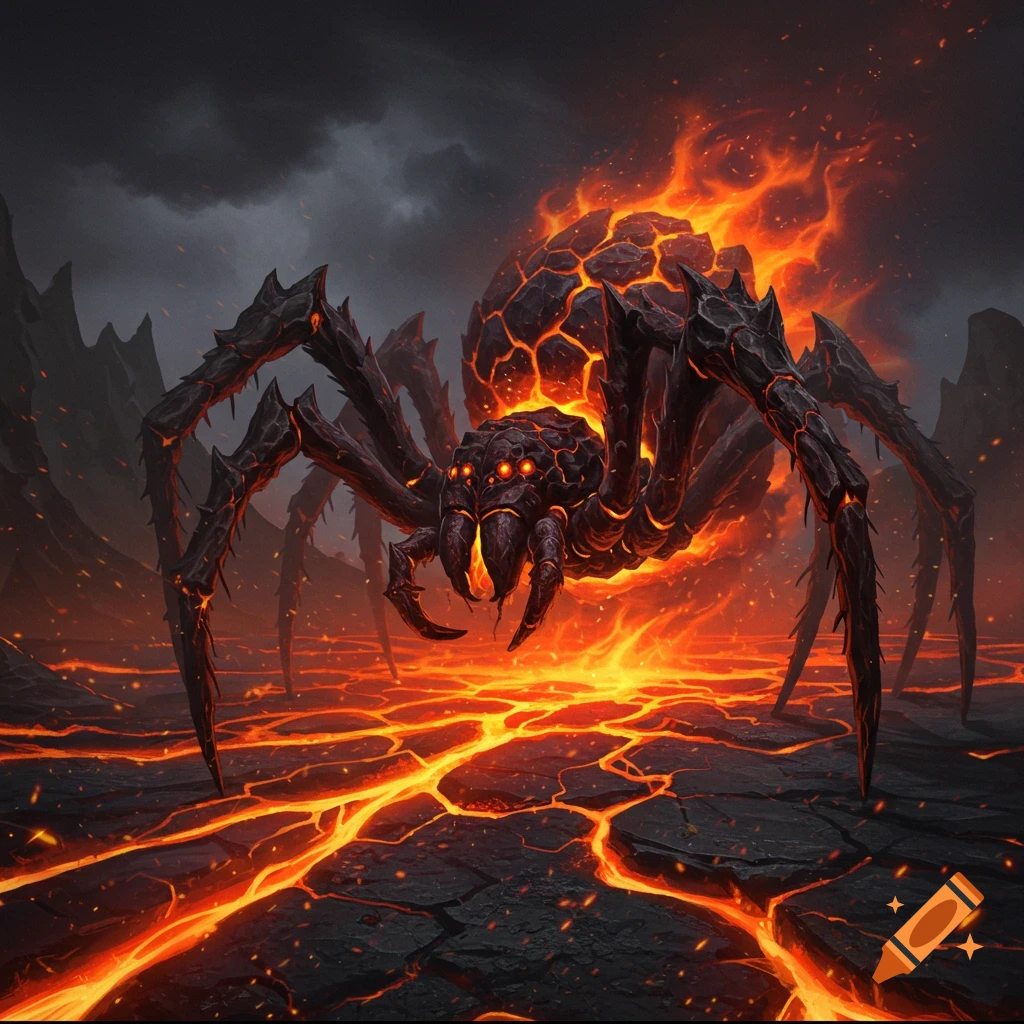 A colossal flaming spider with a magma exoskeleton emerges from a volcanic rift.