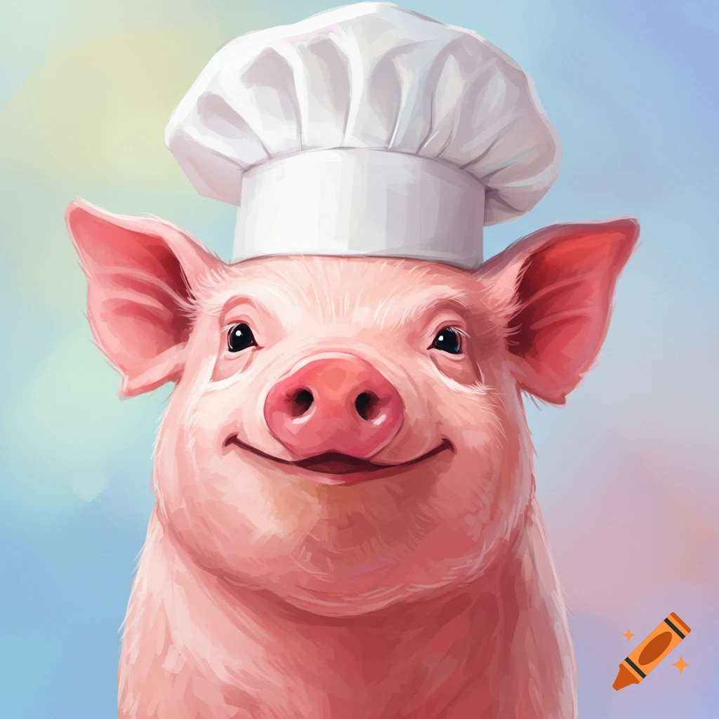 Close-up illustration of a smiling pig wearing a chef's hat.