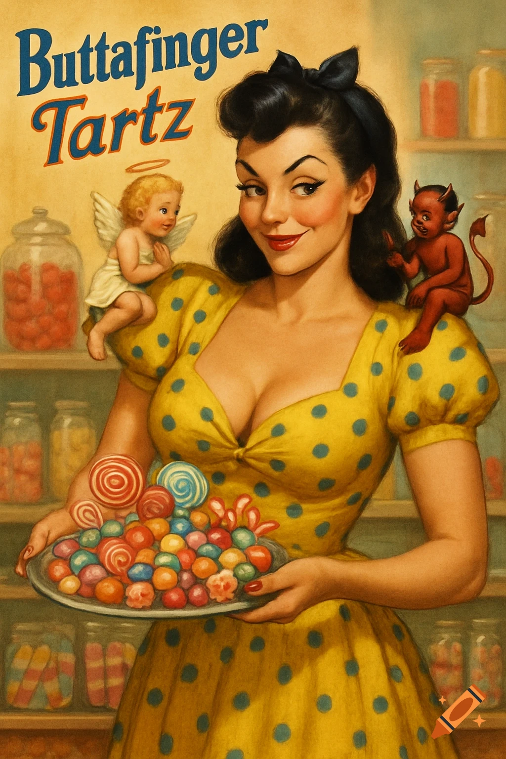 Retro pin-up woman in yellow polka dot dress holds candy platter, with angel & devil on shoulders, in candy shop. 'Buttafinger Tartz'