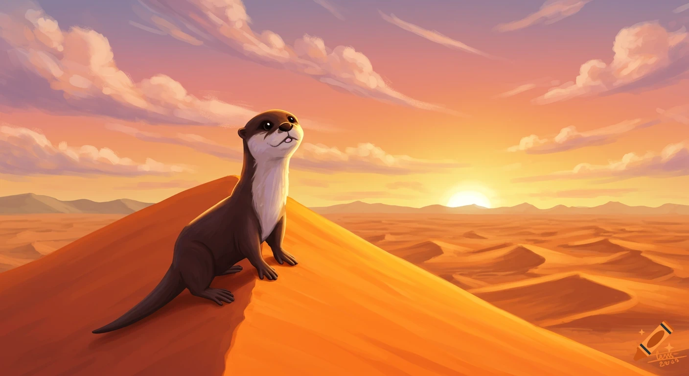 Illustrated otter watching sunrise from a sand dune in the desert.