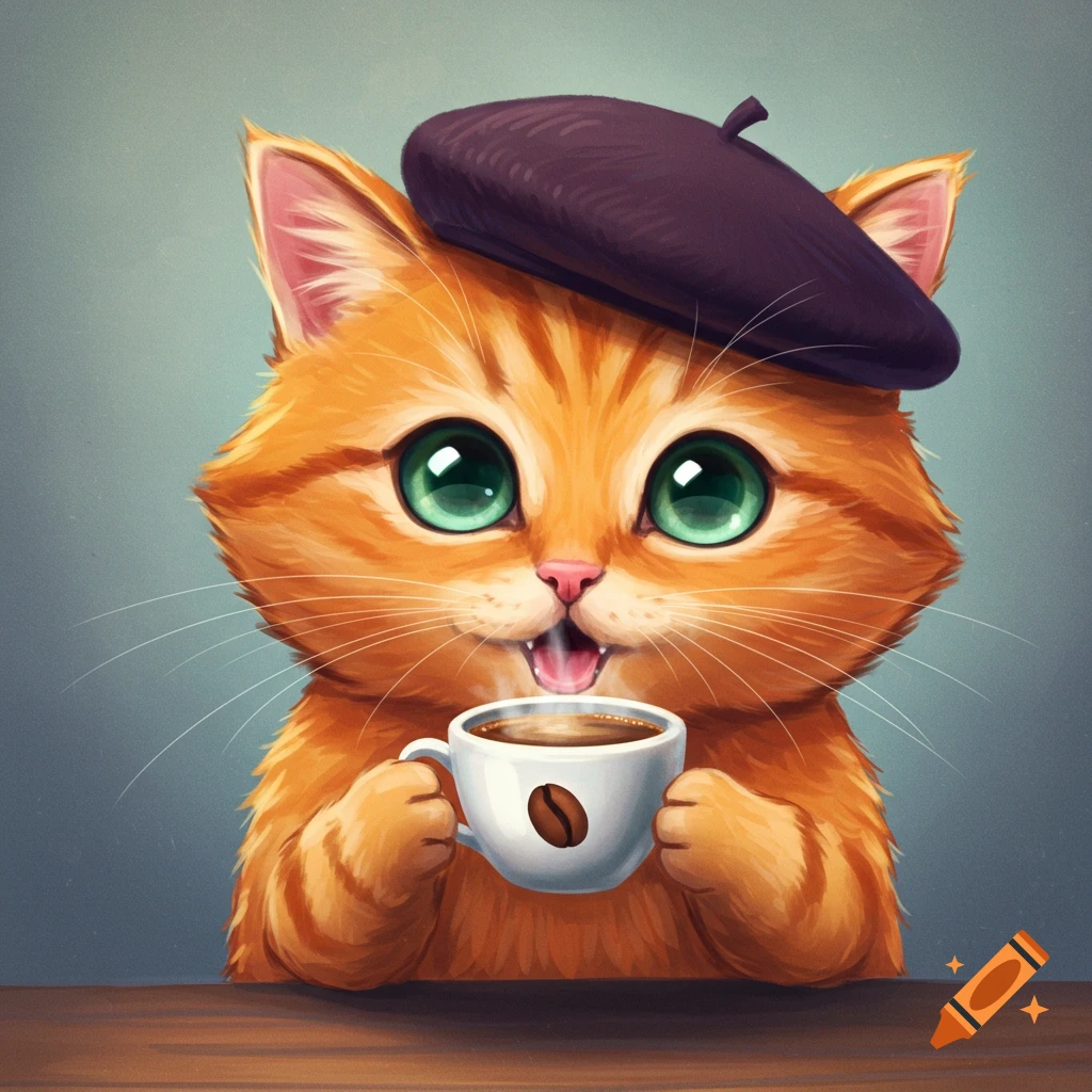 A cute cartoon orange cat wearing a beret holds a cup of coffee