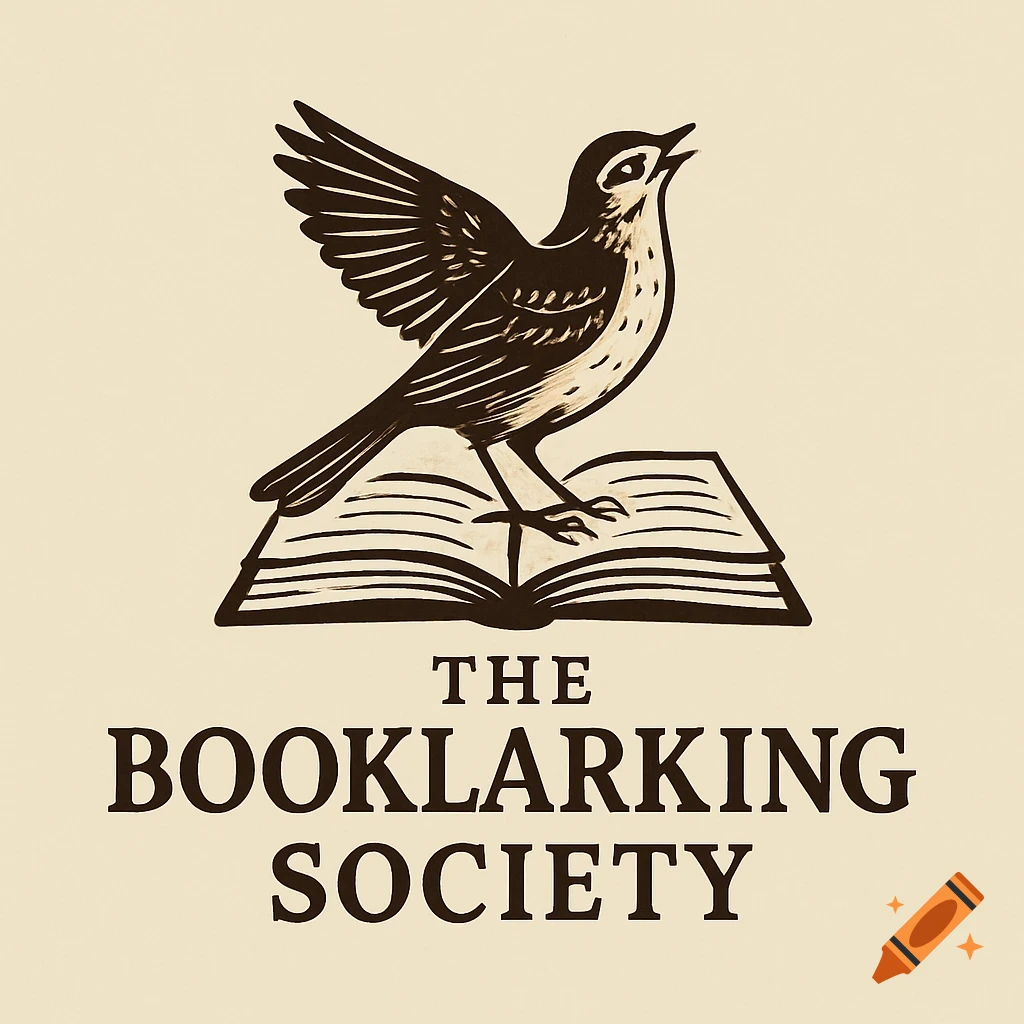 Logo design featuring a bird standing on an open book with the text 'THE BOOKLARKING SOCIETY' below.