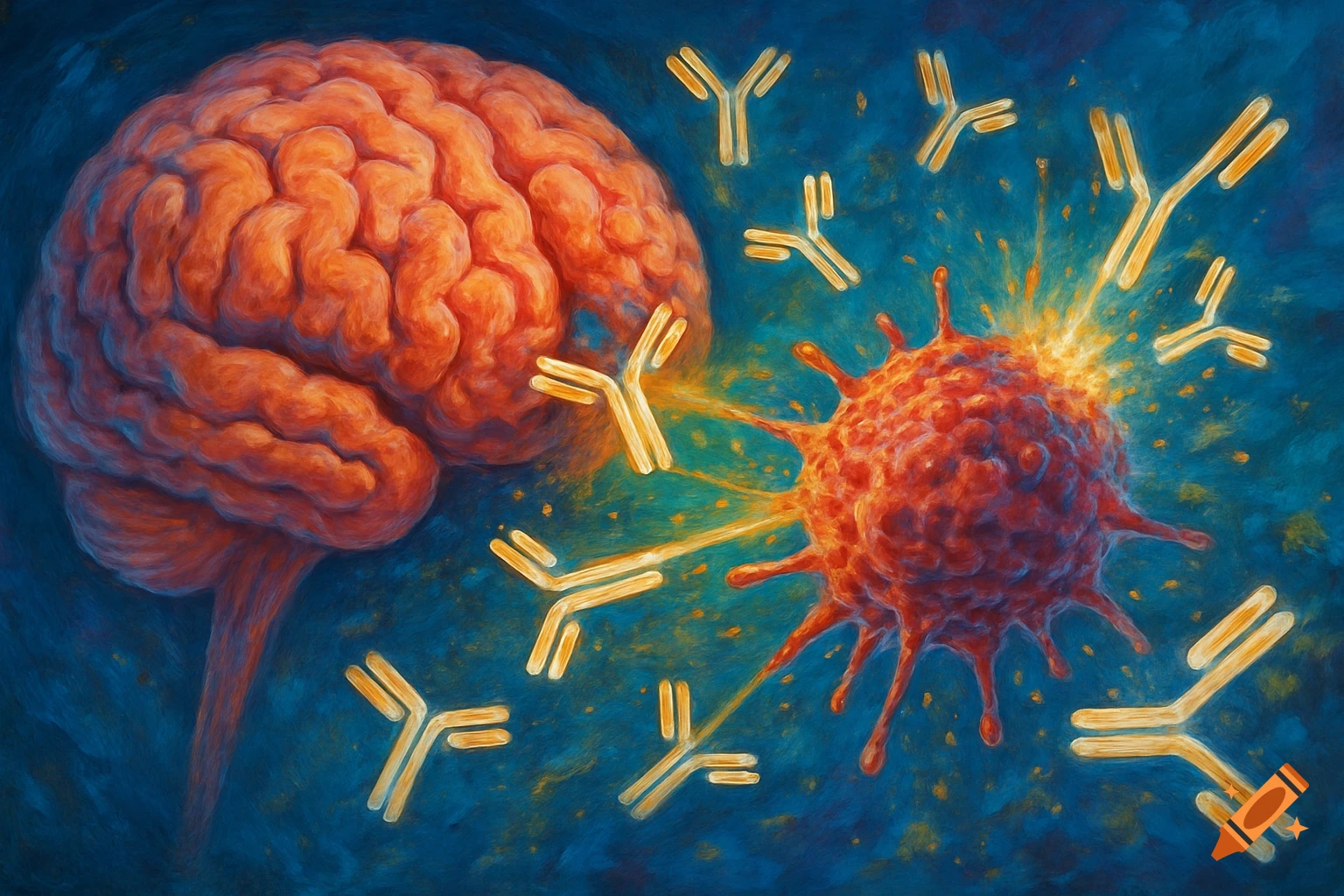 An illustration of a brain next to a virus-like cell being attacked by antibodies, in a painterly style.