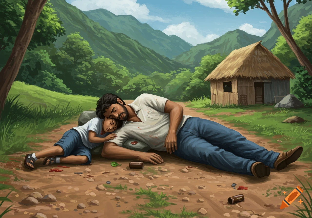 Father and son sleep on a dirt road in a rural mountainous landscape with a hut, illustration style.