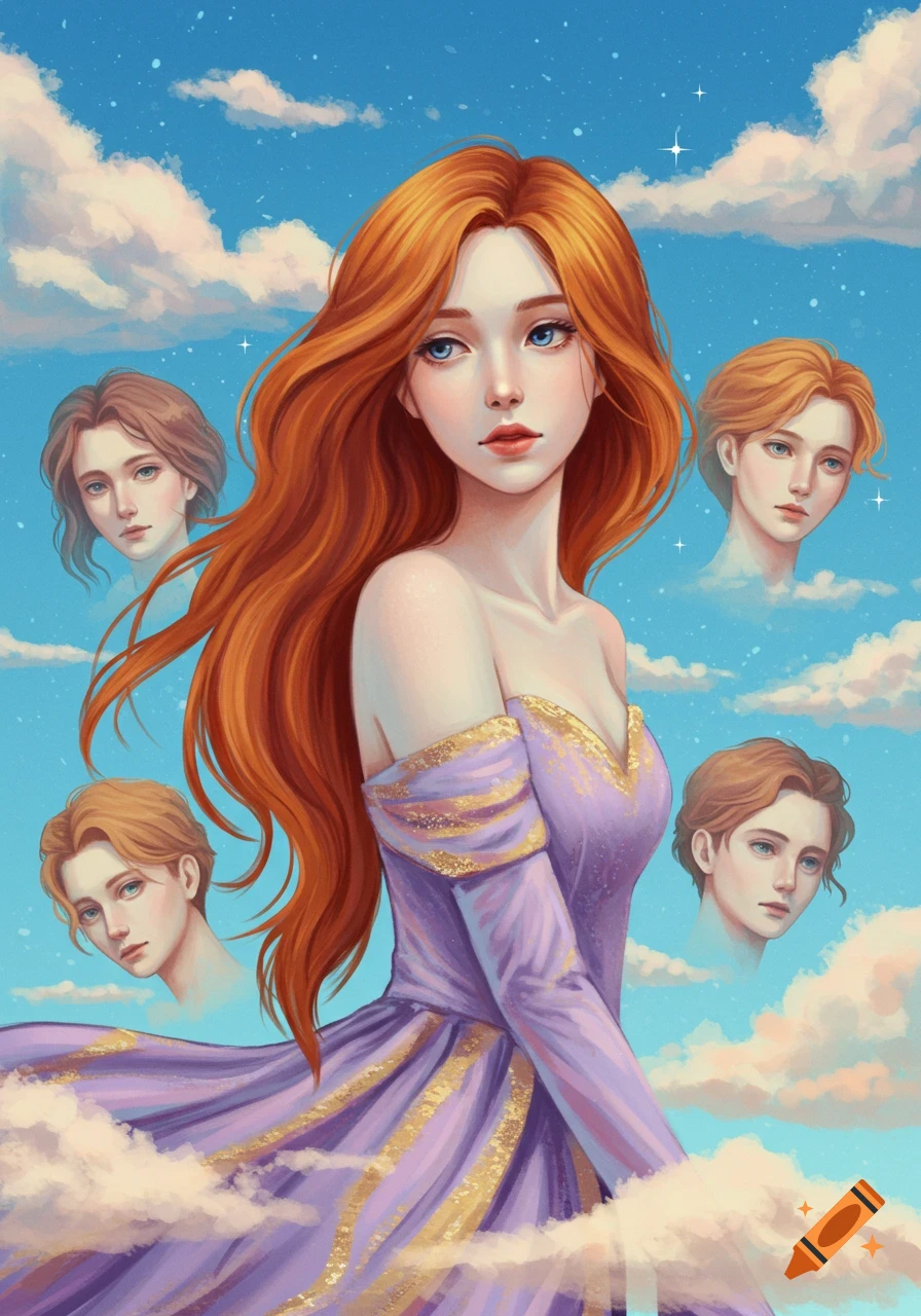 A woman with red hair in a purple dress stands in the sky with floating heads.