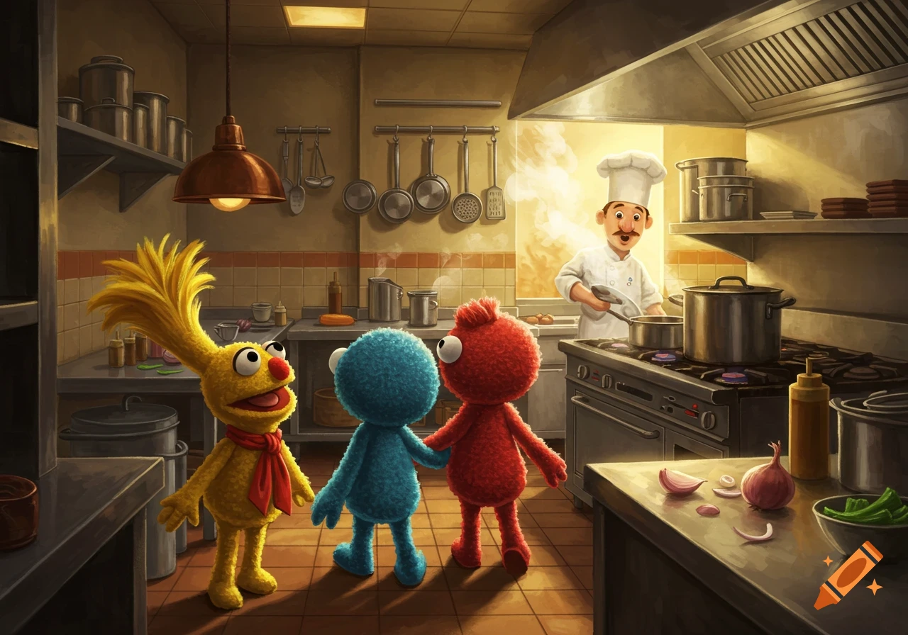 Three colorful puppets in a kitchen with a chef cooking