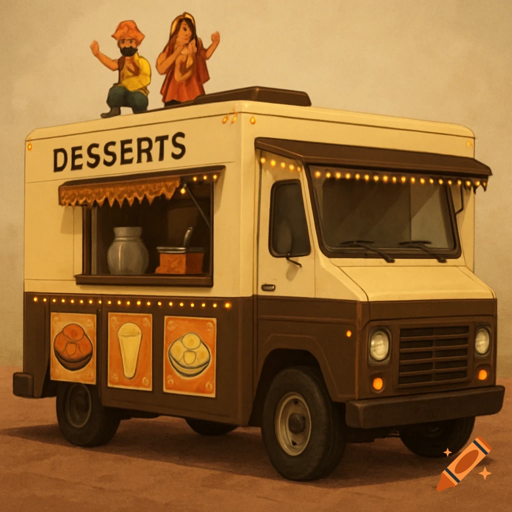 An illustration of an Indian dessert food truck with figures on top and dessert posters on the side.