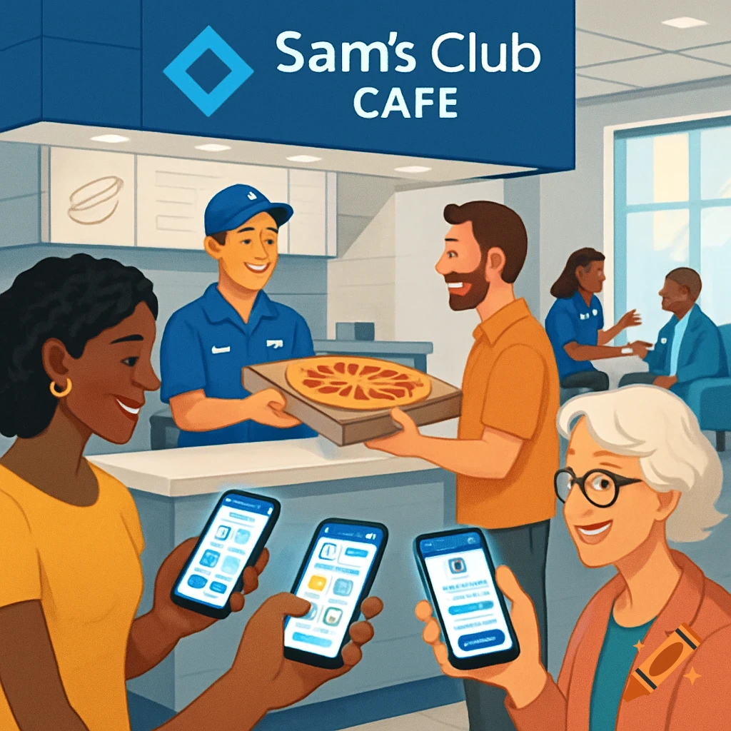 An illustration of people using smartphones to order food at a Sam's Club Cafe, with an employee handing a pizza.