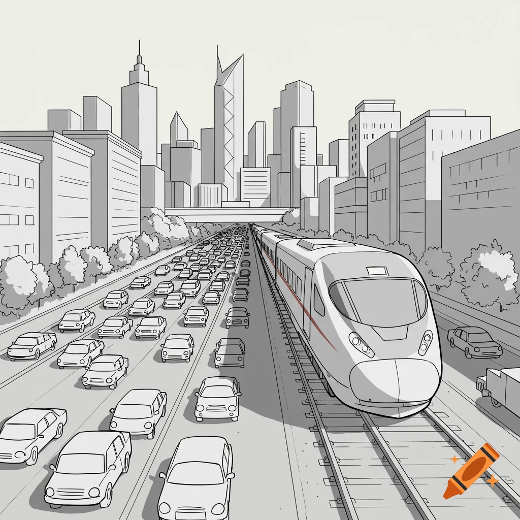 Line drawing of a high-speed train on tracks next to a busy highway in a city.