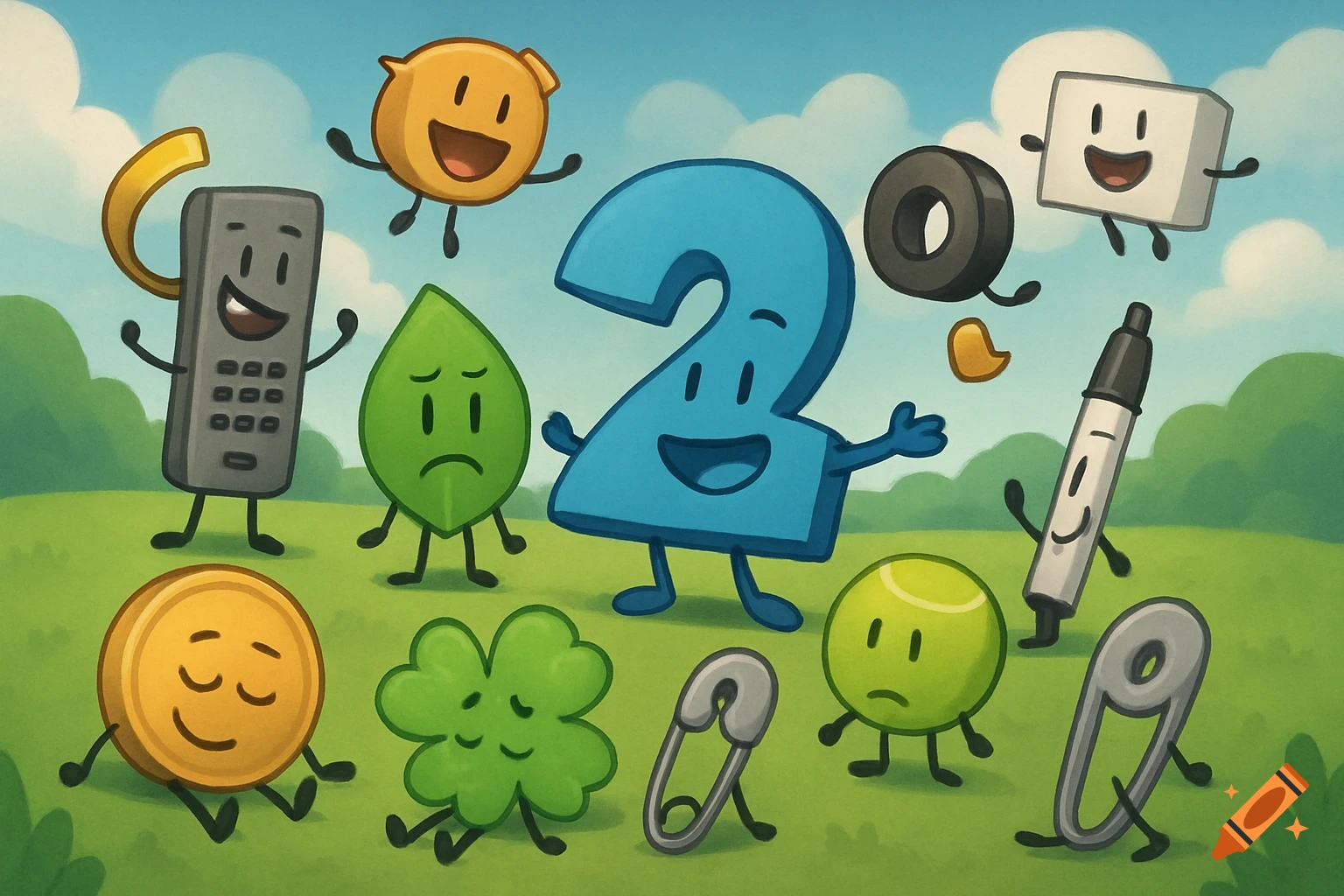 Cartoon object characters from BFDI, including the number two, in a grassy field.