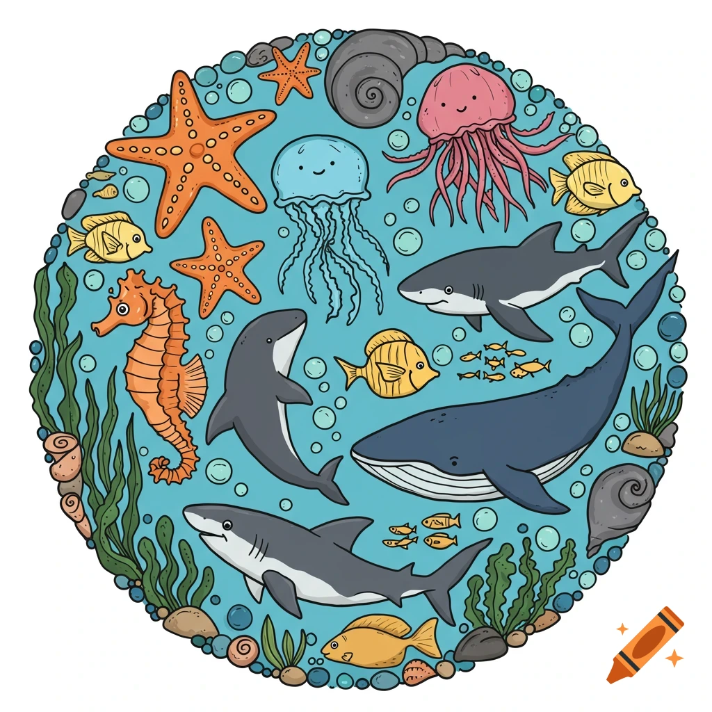 Circular illustration of sea creatures including sharks, whales, starfish, jellyfish, seahorse, and fish