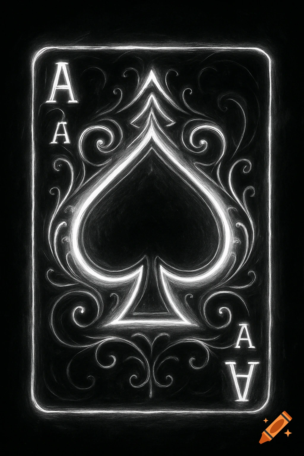 Black and white illustration of an ace of spades playing card with glowing outlines.