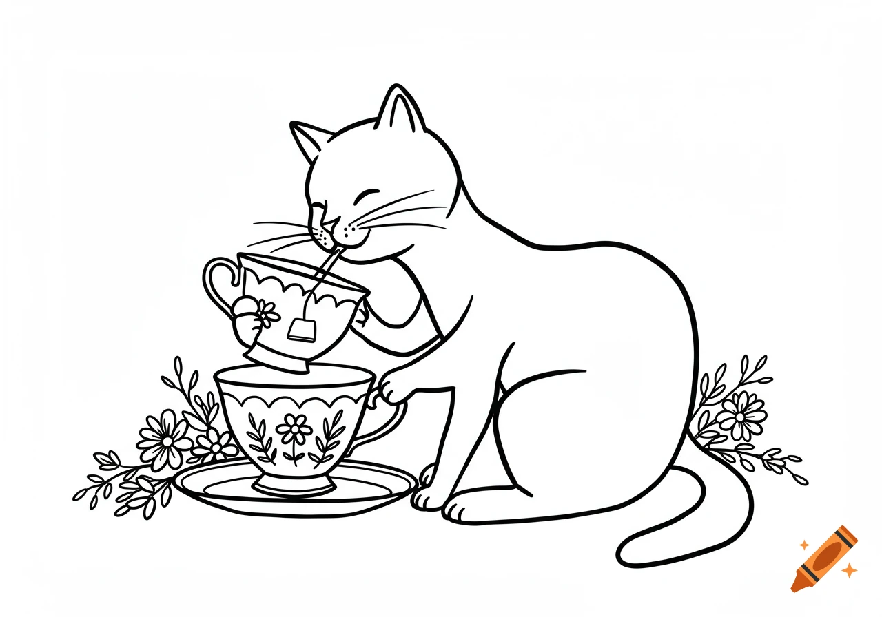 Black and white line drawing of a cat drinking tea from a cup.