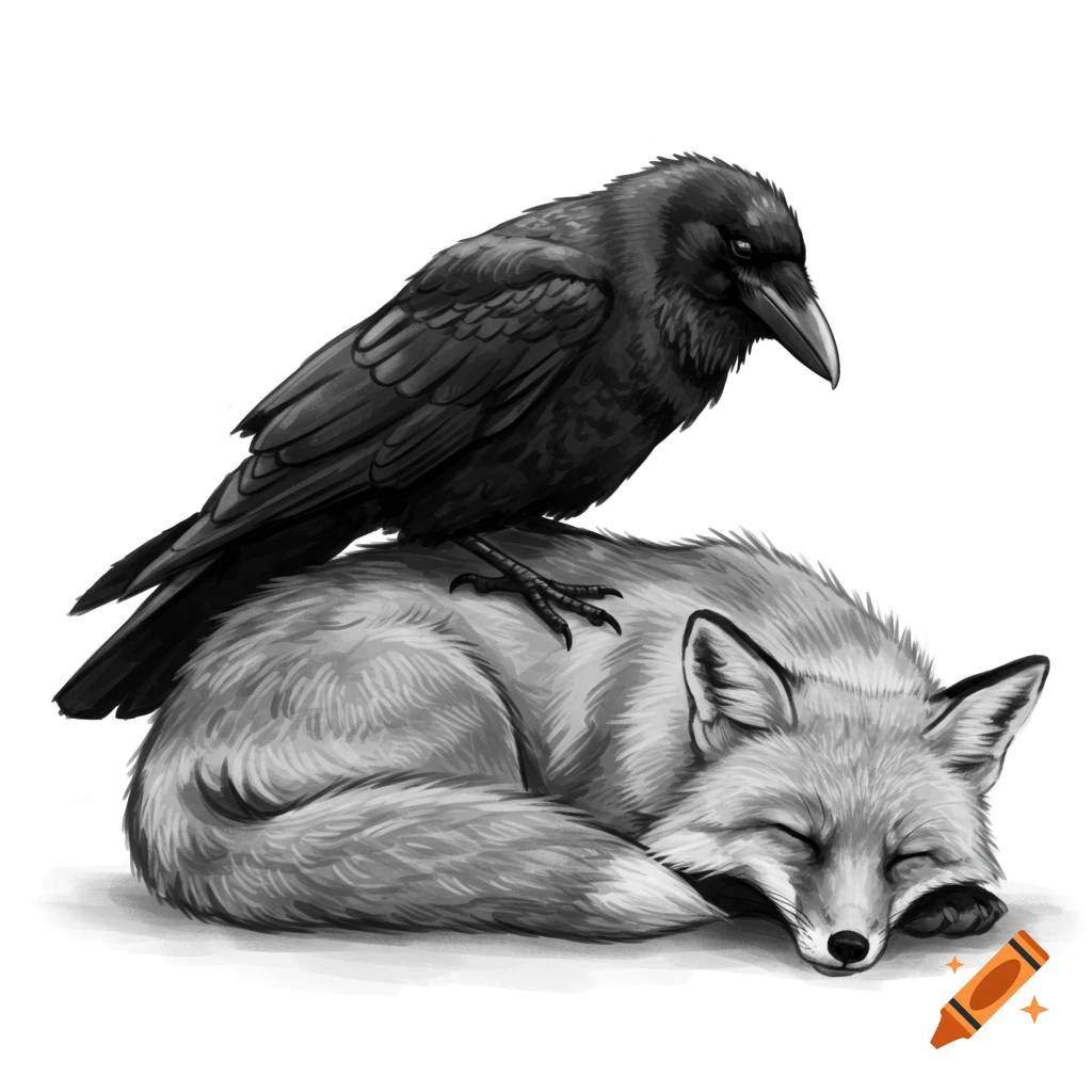 Grayscale illustration of a crow sleeping on a sleeping fox.