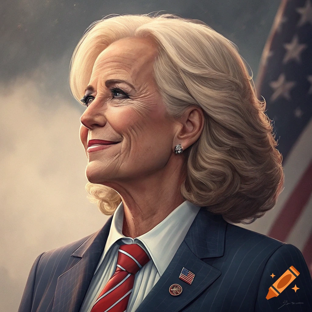 Realistic portrait of a smiling woman in a suit and tie, with an American flag in the background.