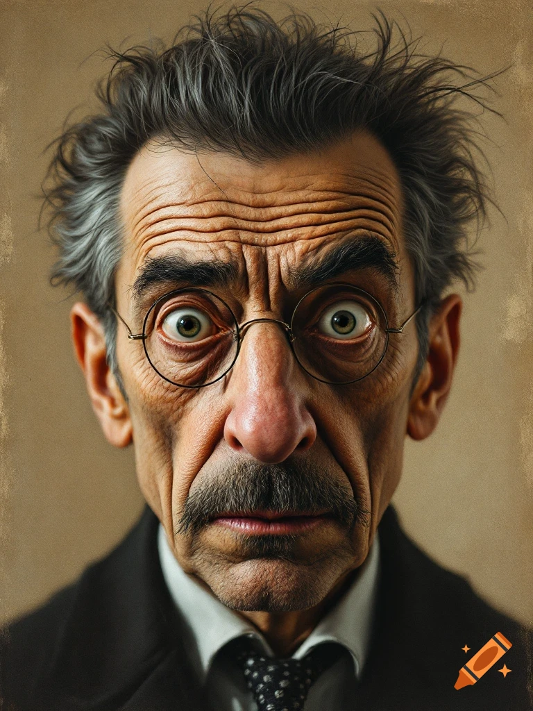 Close-up photorealistic portrait of an older man with glasses and mustache looking intently.