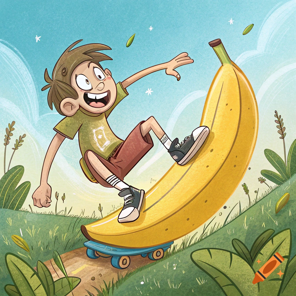 Cartoon illustration of a boy skateboarding downhill on a giant banana