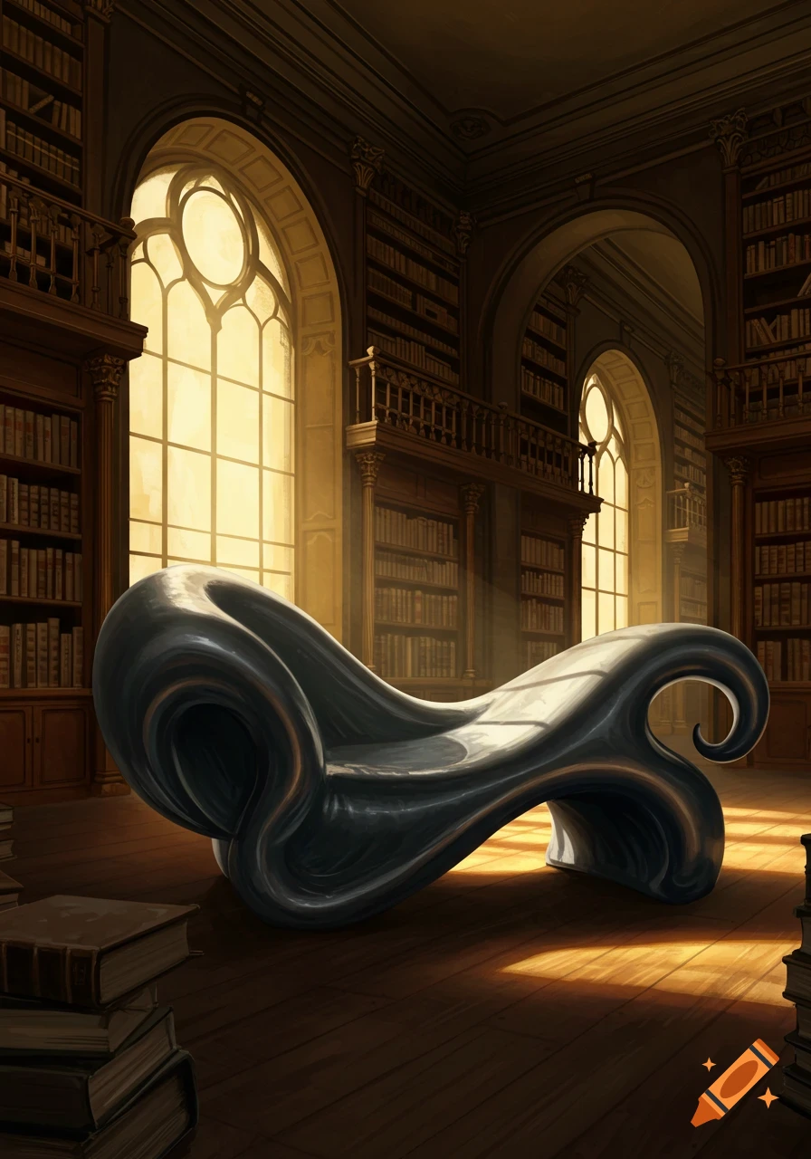 A strange, black chair in a grand library with tall windows and stacks of books.