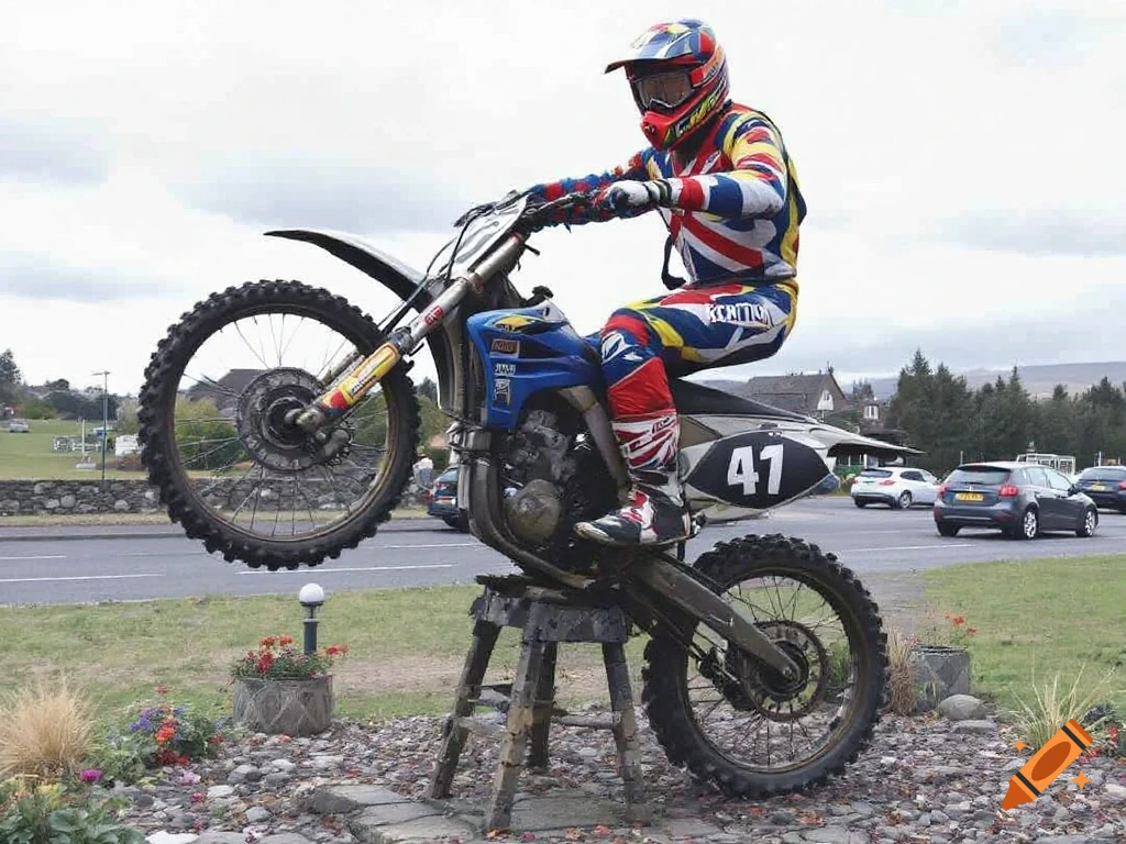 Statue of a motocross racer on a bike doing a wheelie