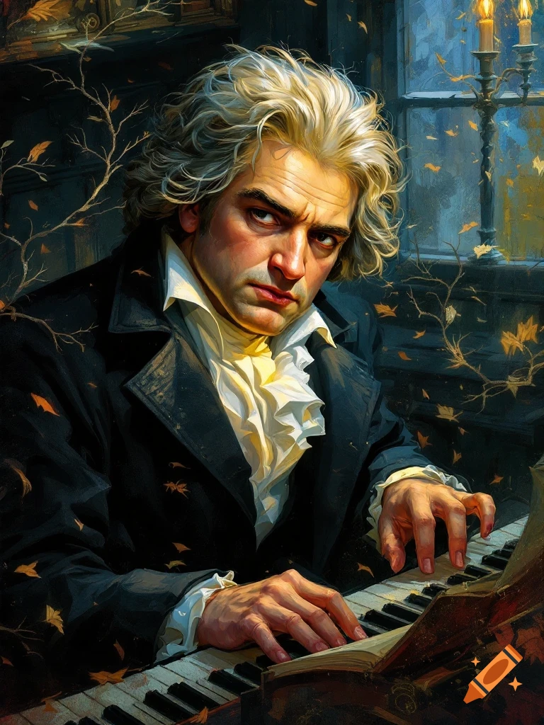 Painterly portrait of Beethoven intensely playing a piano in a dimly lit room with falling leaves.