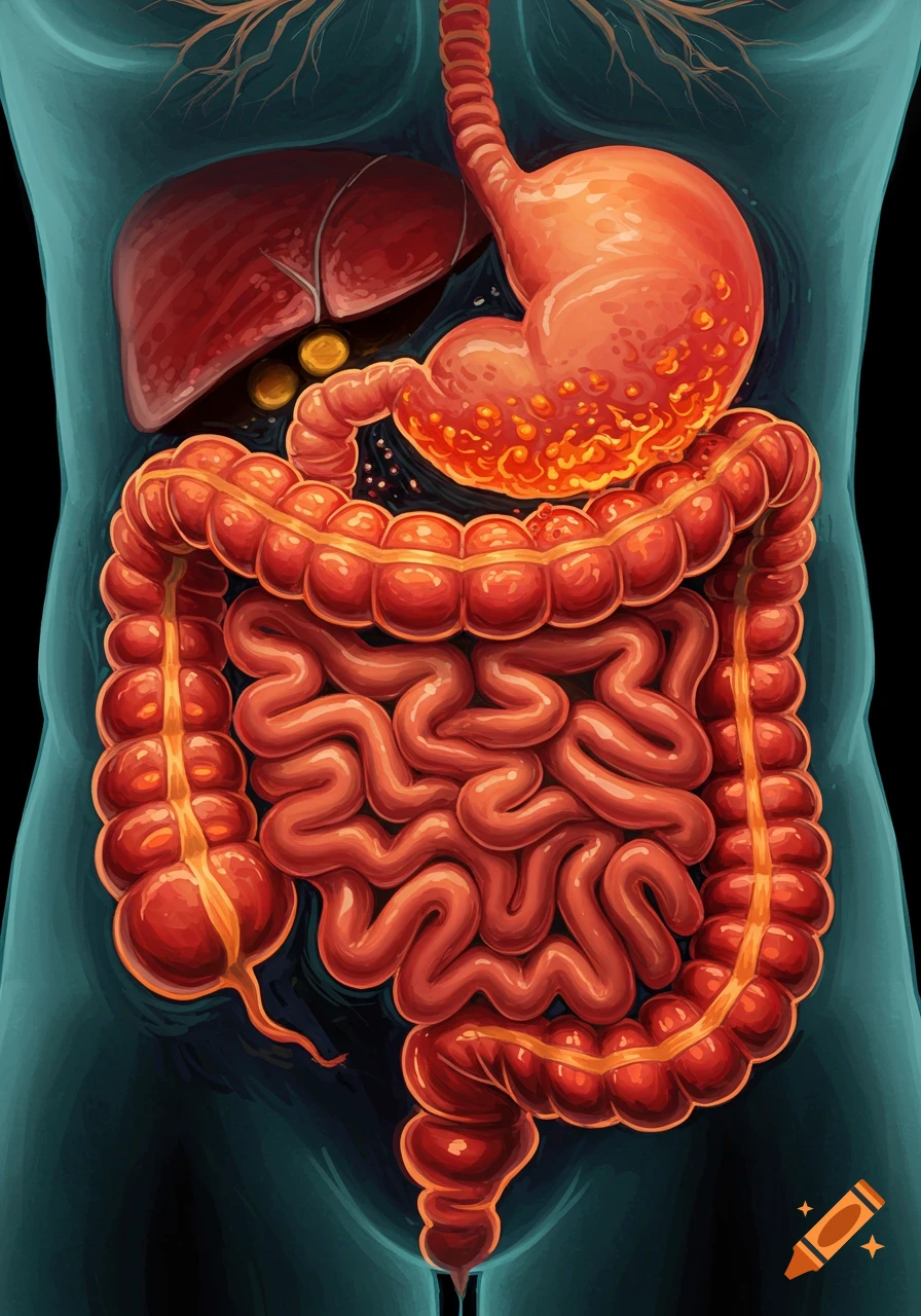 Stylized illustration of the human digestive system including stomach and intestines.