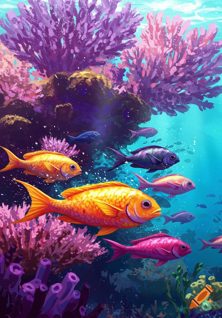 Illustration of colorful fish swimming among purple and pink coral reefs underwater.