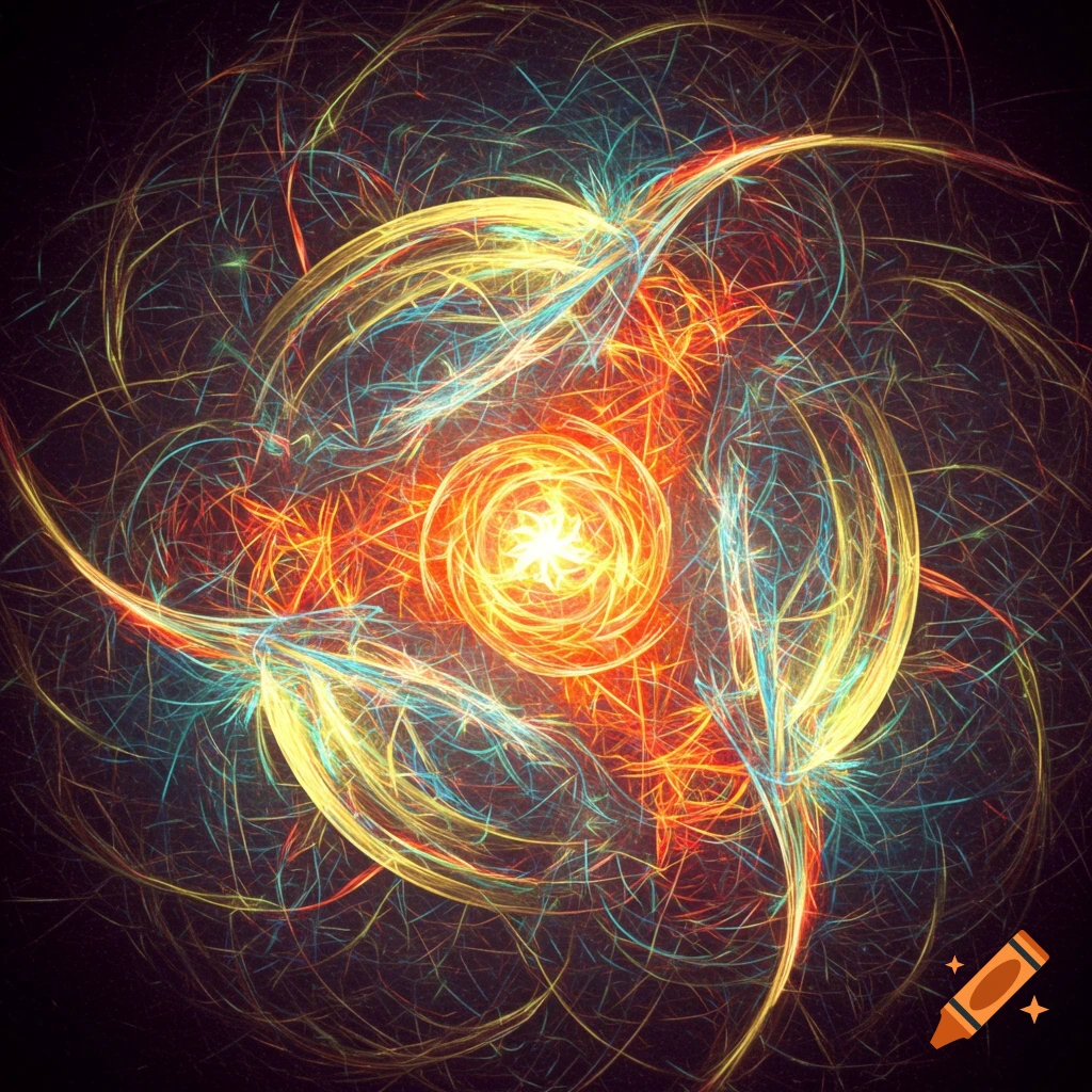 Abstract energy pattern with swirling yellow, orange, and blue lines around a bright center.