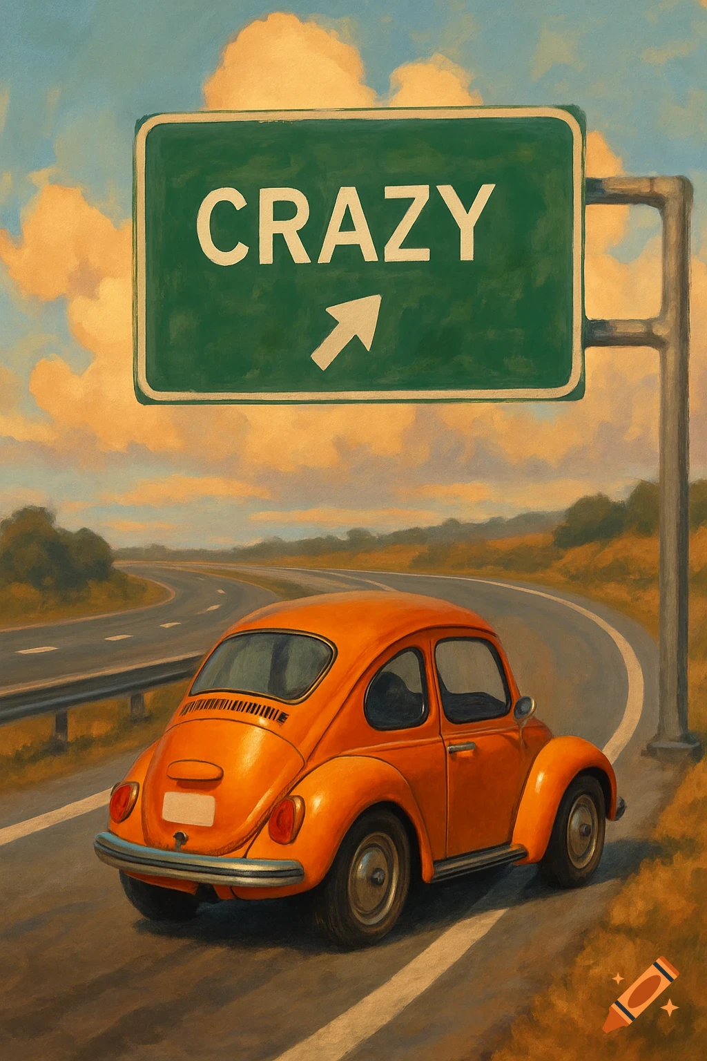 An orange vintage car drives down a highway towards a green sign pointing right that reads "CRAZY". The image has a painted style.