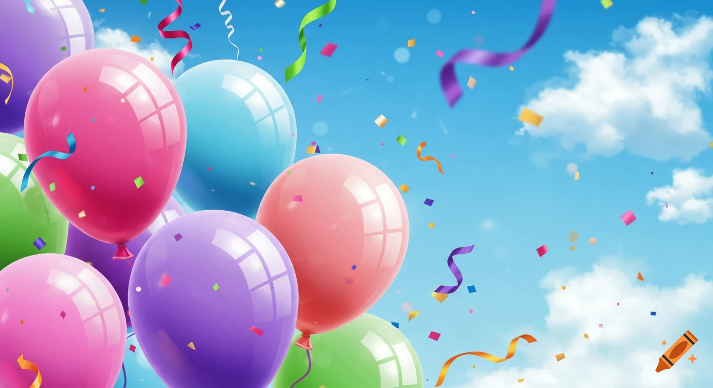 Colorful balloons and confetti float against a blue sky with clouds.