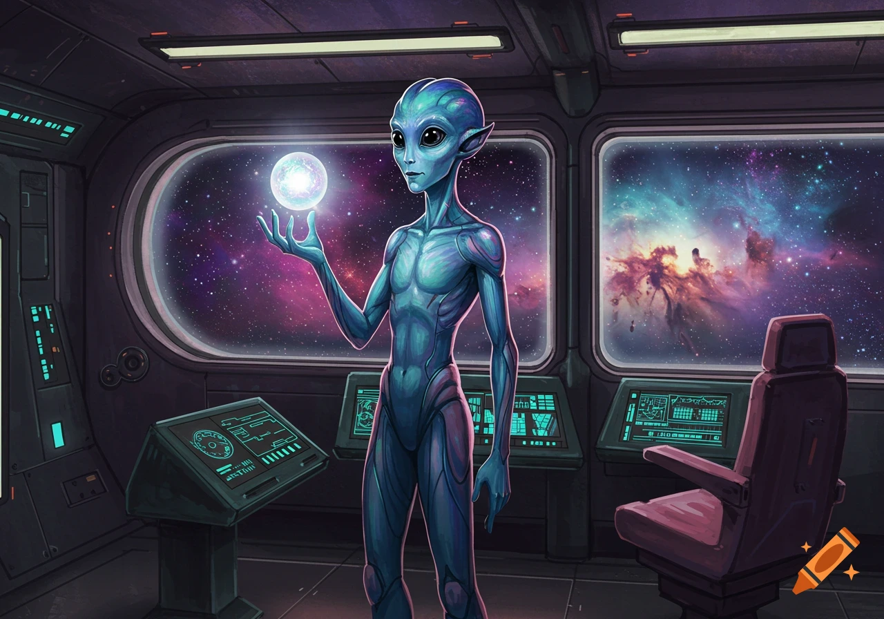 A blue alien stands in a spaceship holding a glowing orb, looking out at space.