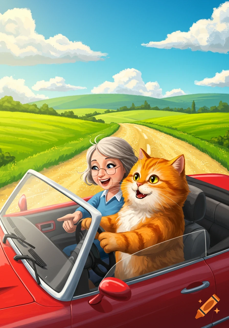 Cartoon illustration of a woman and a giant orange cat driving a red convertible car down a sunny country road.