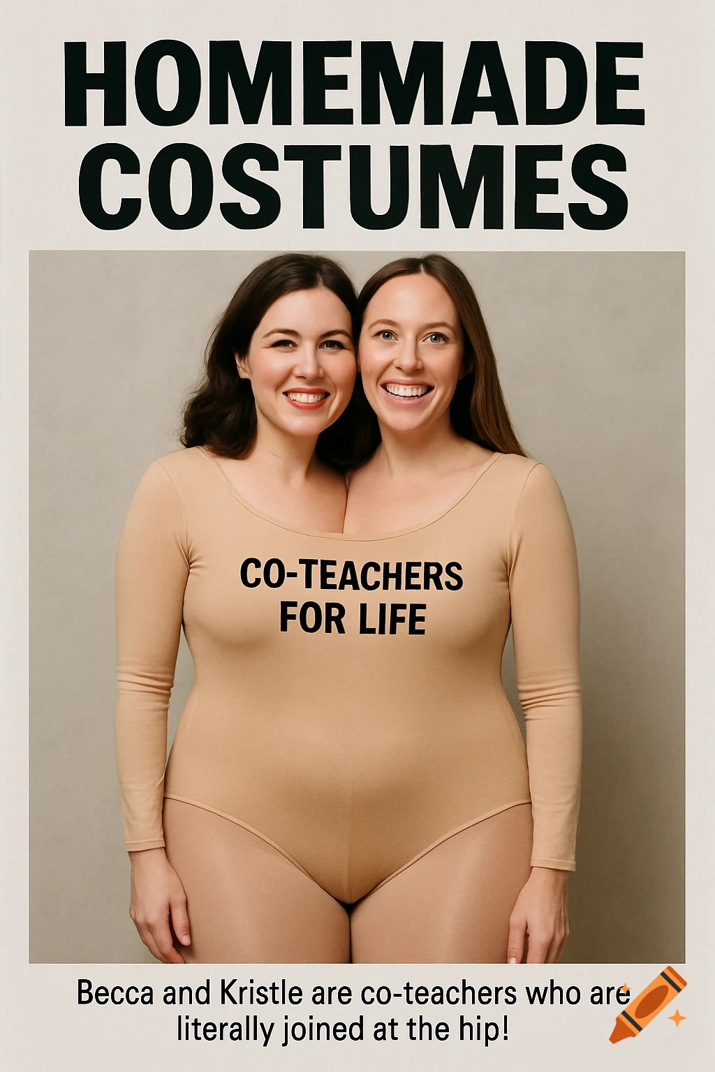 Poster featuring two women in a beige bodysuit, appearing conjoined, with text 'Homemade Costumes' and 'Co-teachers for life'.