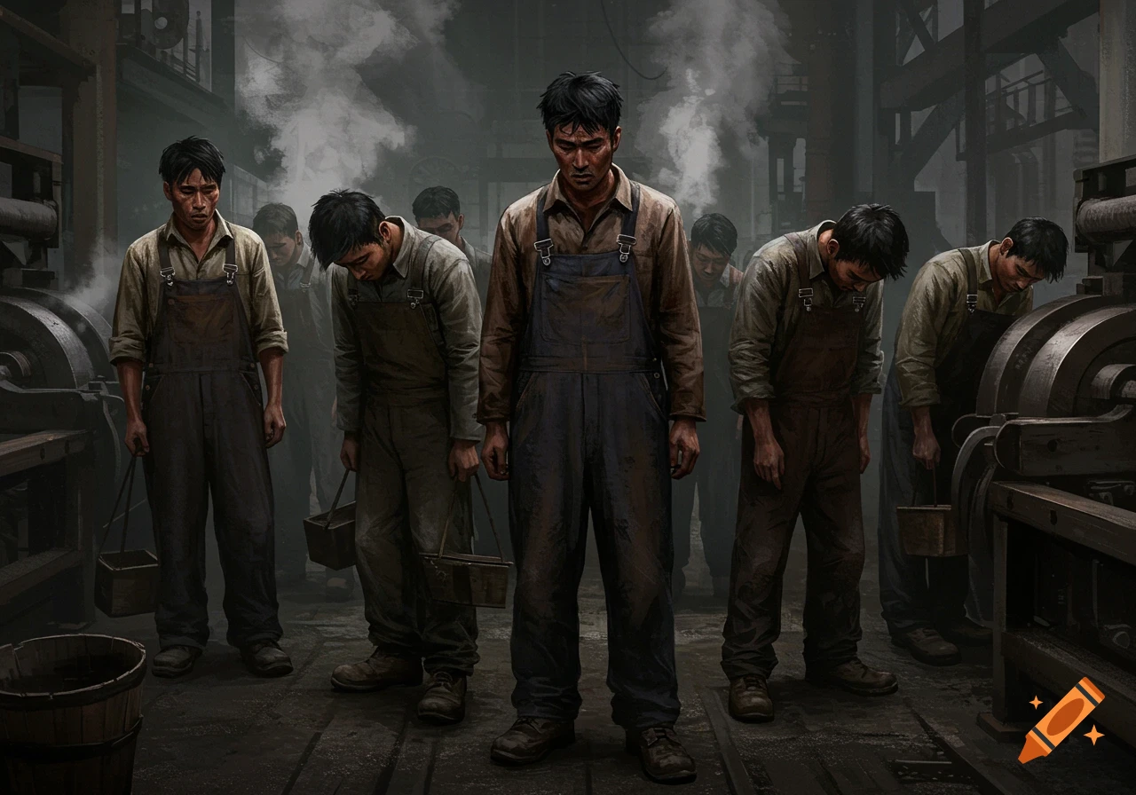 Several tired workers stand in a smoky industrial factory setting.