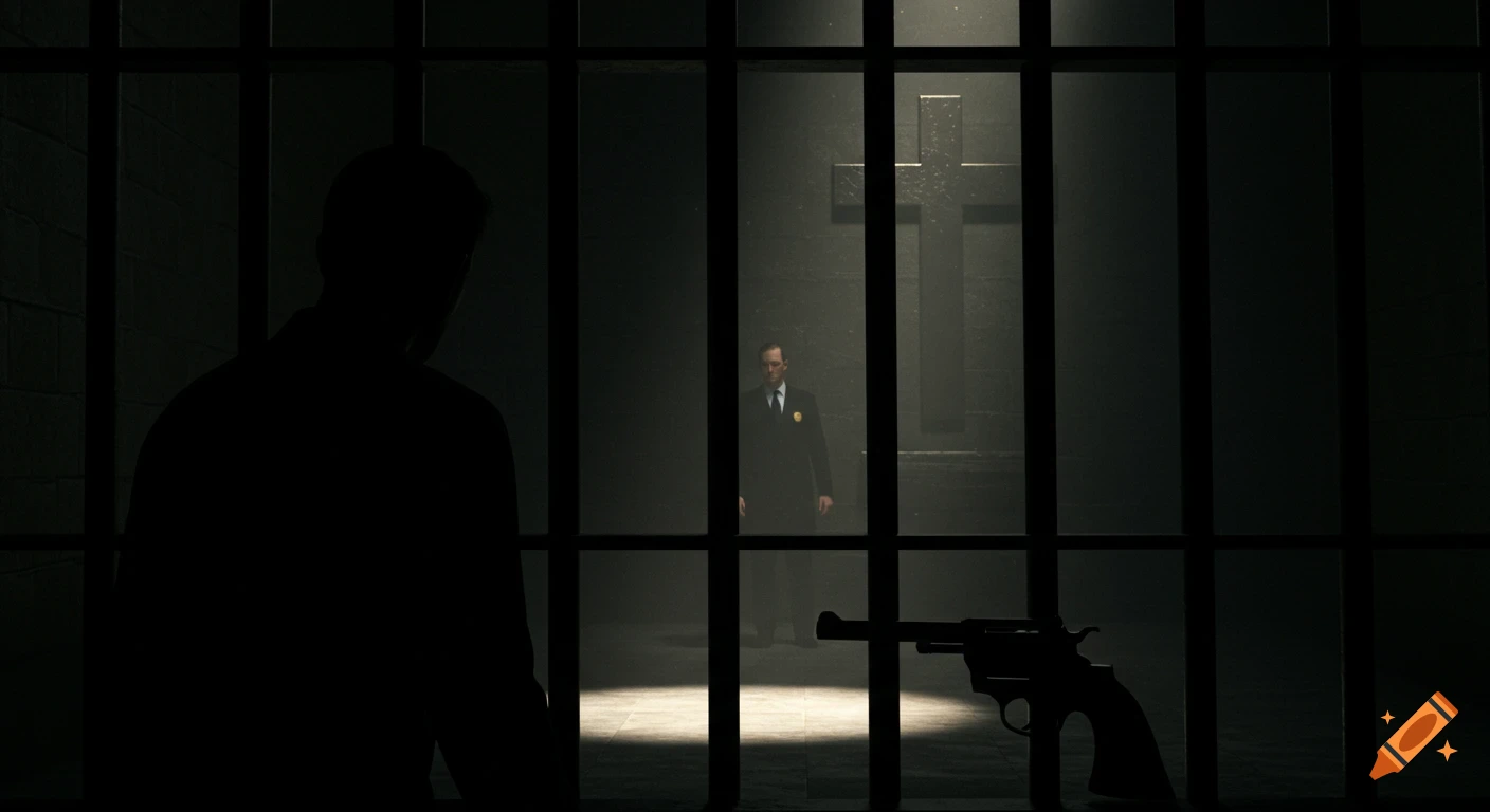 A silhouetted figure views an FBI agent standing before a large cross through prison bars, with a gun in the foreground in a dark, film noir style.