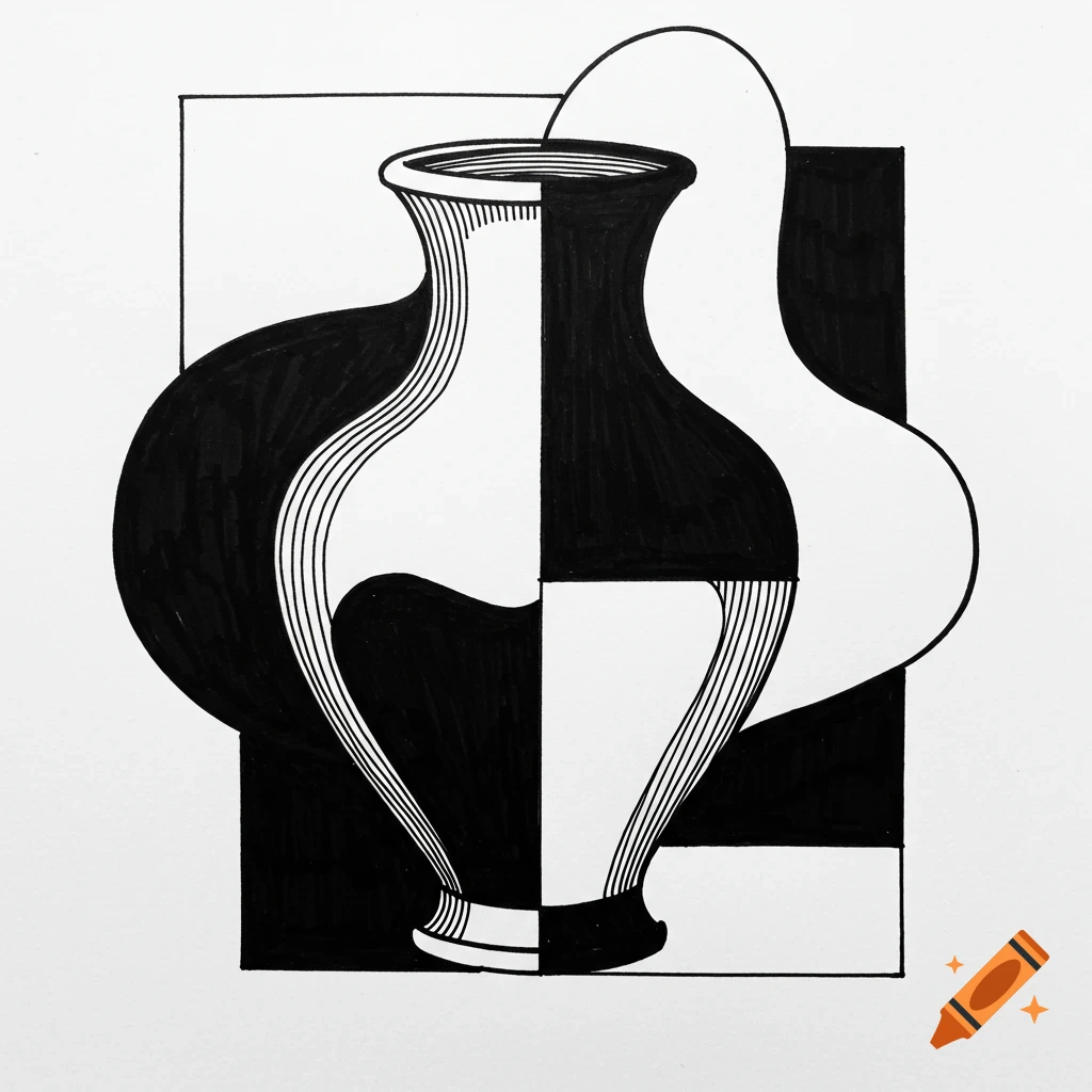 Black and white line drawing illustrating positive and negative space with a vase.