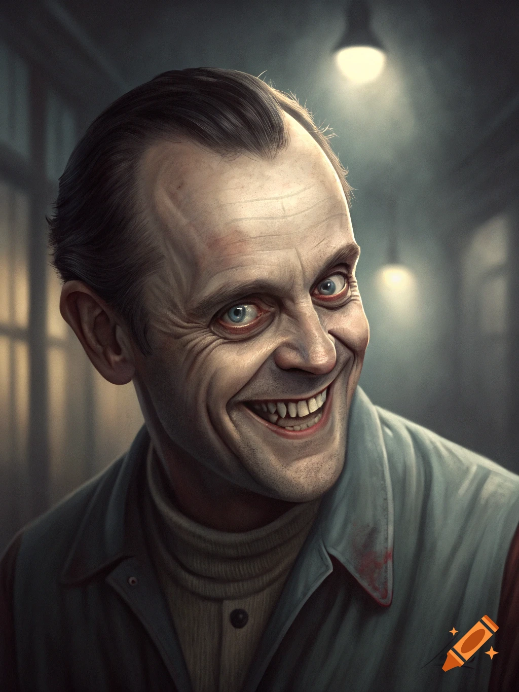 Close-up portrait of a man with an eerie smile