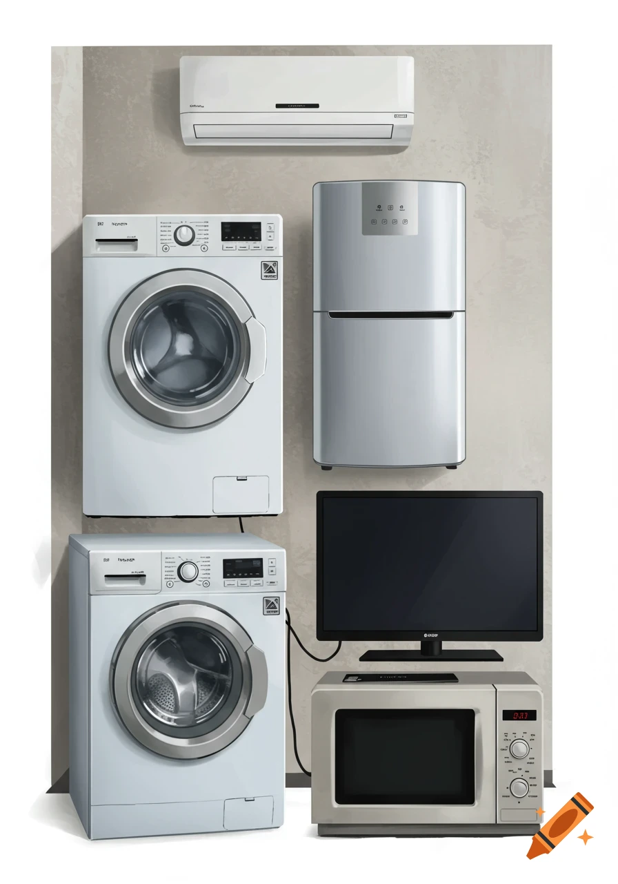 Collection of household appliances: two white washing machines, a silver refrigerator, a black TV, a silver microwave, and a white split system air conditioner unit mounted on a grey wall.