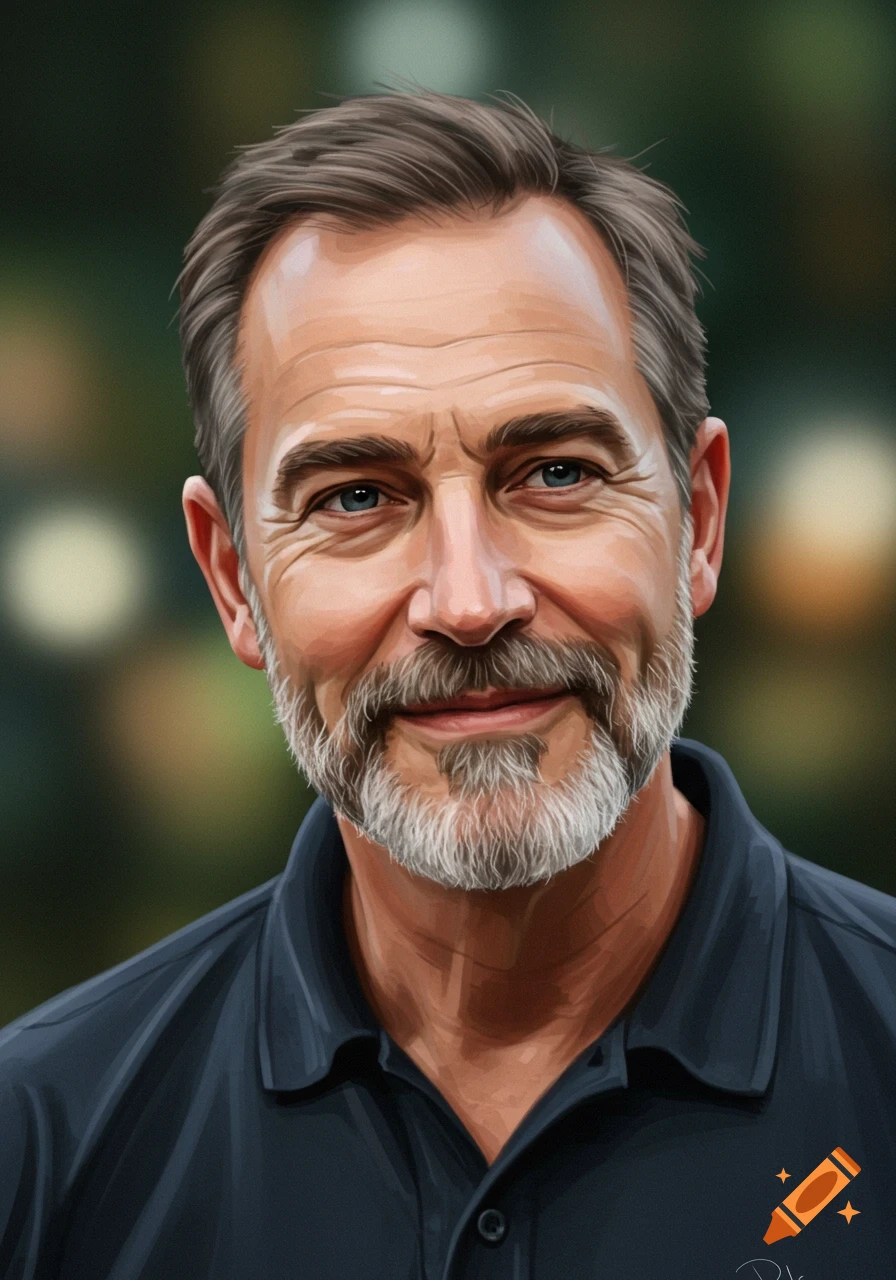 A stylized portrait illustration of a middle-aged man with a beard and blue eyes, wearing a navy polo shirt.