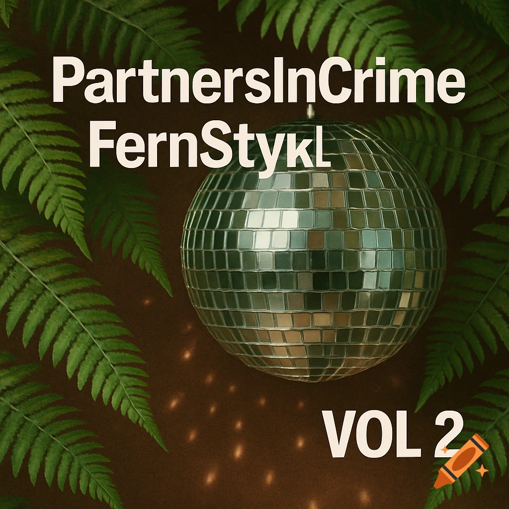 Disco ball and fern leaves with text 'PartnersInCrime FernStykl VOL 2'