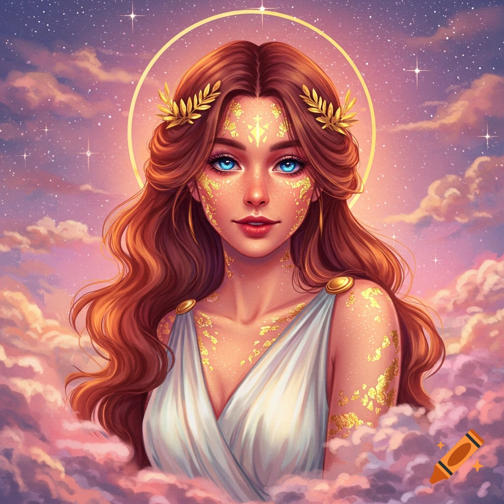 A goddess figure with golden adornments and blue eyes, surrounded by clouds and stars.